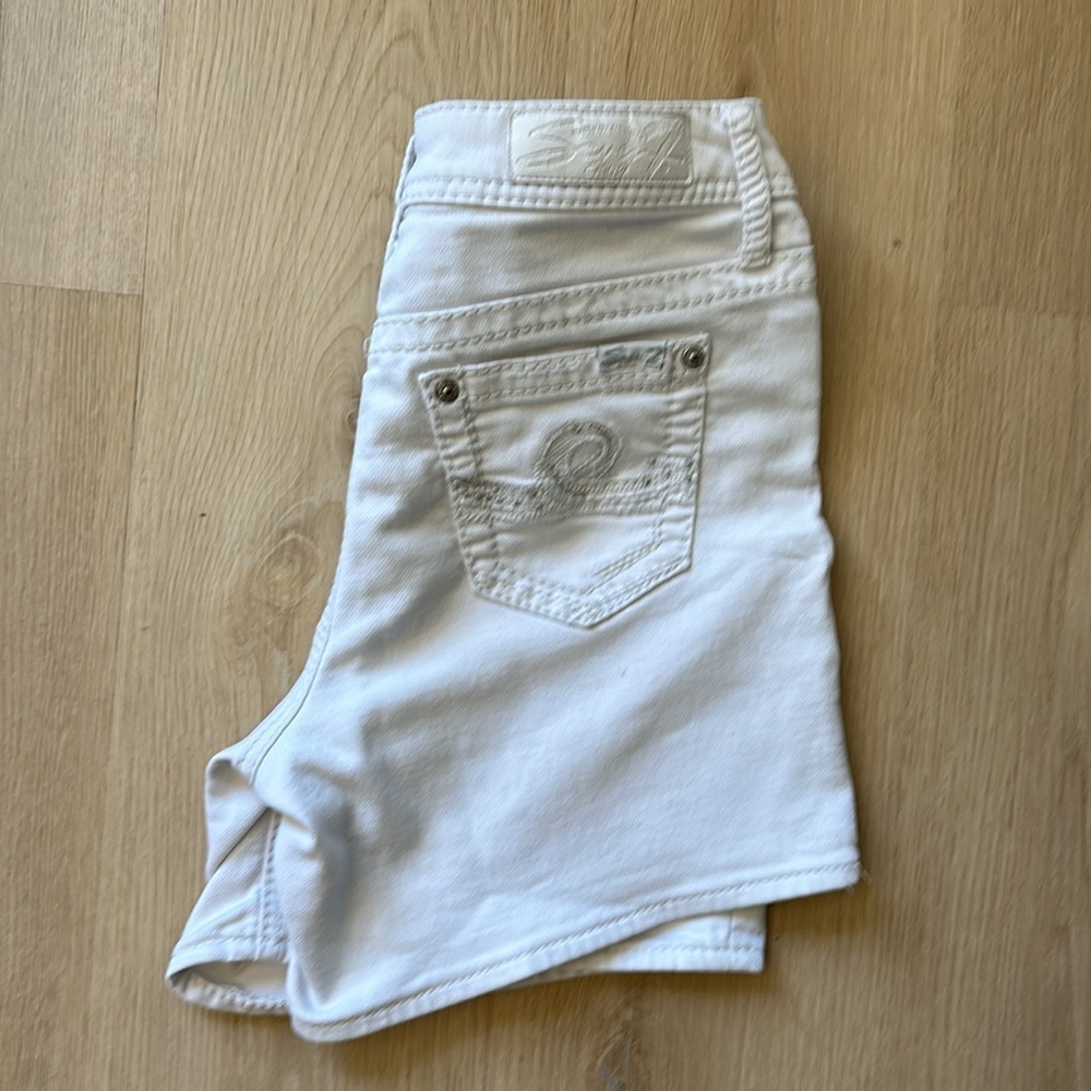 Seven7 Mid Length White Stretch Jean Shorts
